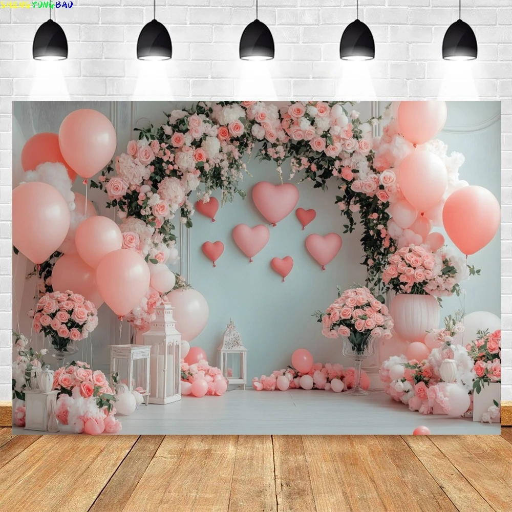 

Valentine's Day Backdrop Romantic Valentine Flower Love Heart Balloon Wedding Bride Shower Photography Background Photo Props