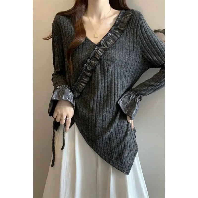 

Fashionable Loose Foliage V-neck Front Shoulder Strap Waist Trouser Long-sleeved Top for Women Casual Elegant Pullover