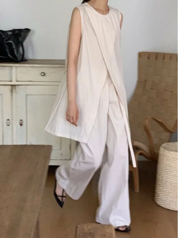 High Waist Wide Leg Pants Two Piece Set Sleeveless Split Design Korean Style Spring Autumn Winter Women's Fashion Outfit
