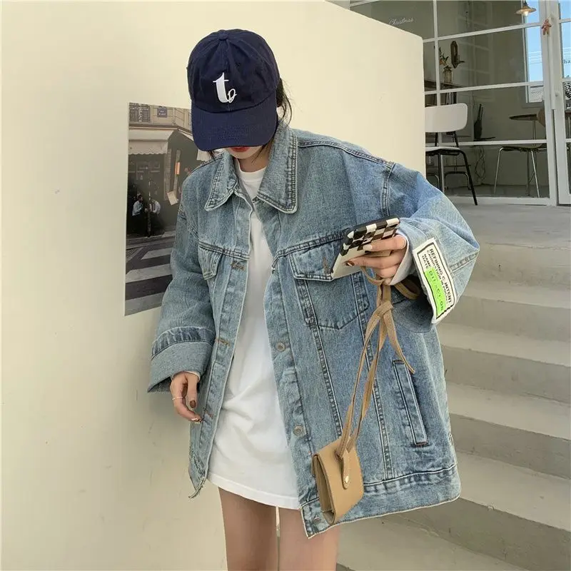 High Street Fashion Oversized Denim Jacket Women Korean Loose Long Sleeve Button Down Jean Jackets Female 2026 New