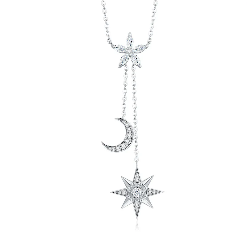 

S925 Silver Rhodium-Plated D Color Micro Pave Moissanite Star Moon Snowflake Pendant Necklace for Women, Exquisite Jewelry