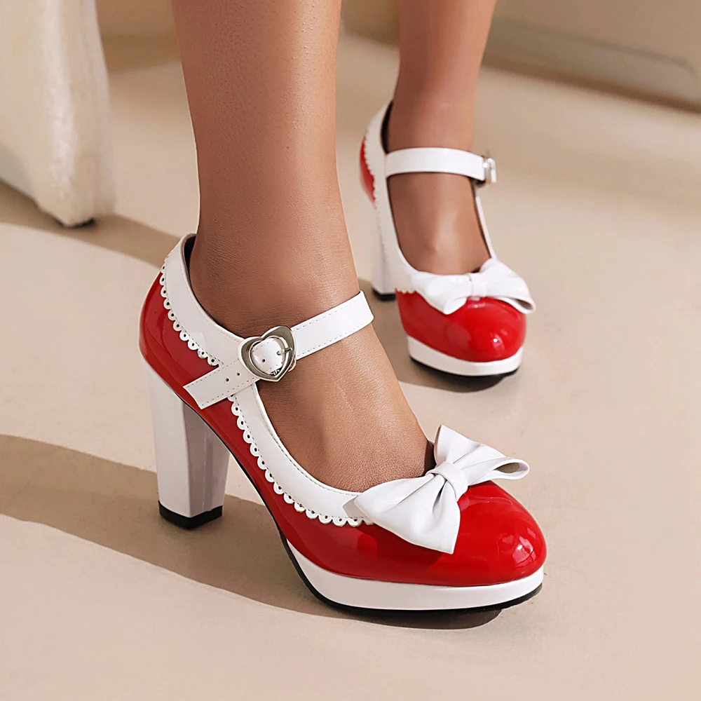 Sweet Mary Jane High Heels Women\'s Bow Pumps Patent Leather Woman Thick Platform Lolita Women Party Shoes Buckle Shallow Shoes