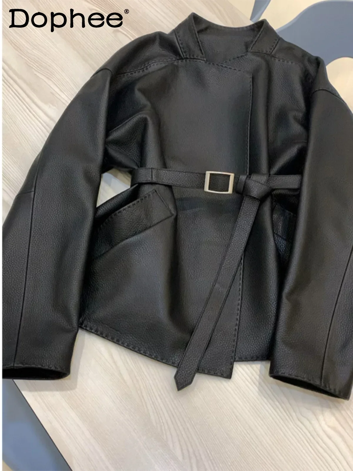 

Vintage Belt Motorcycle Fashionable Jacket Coat Women 2023 Autumn and Winter New Elegant Lady Short Leather Jacket Female