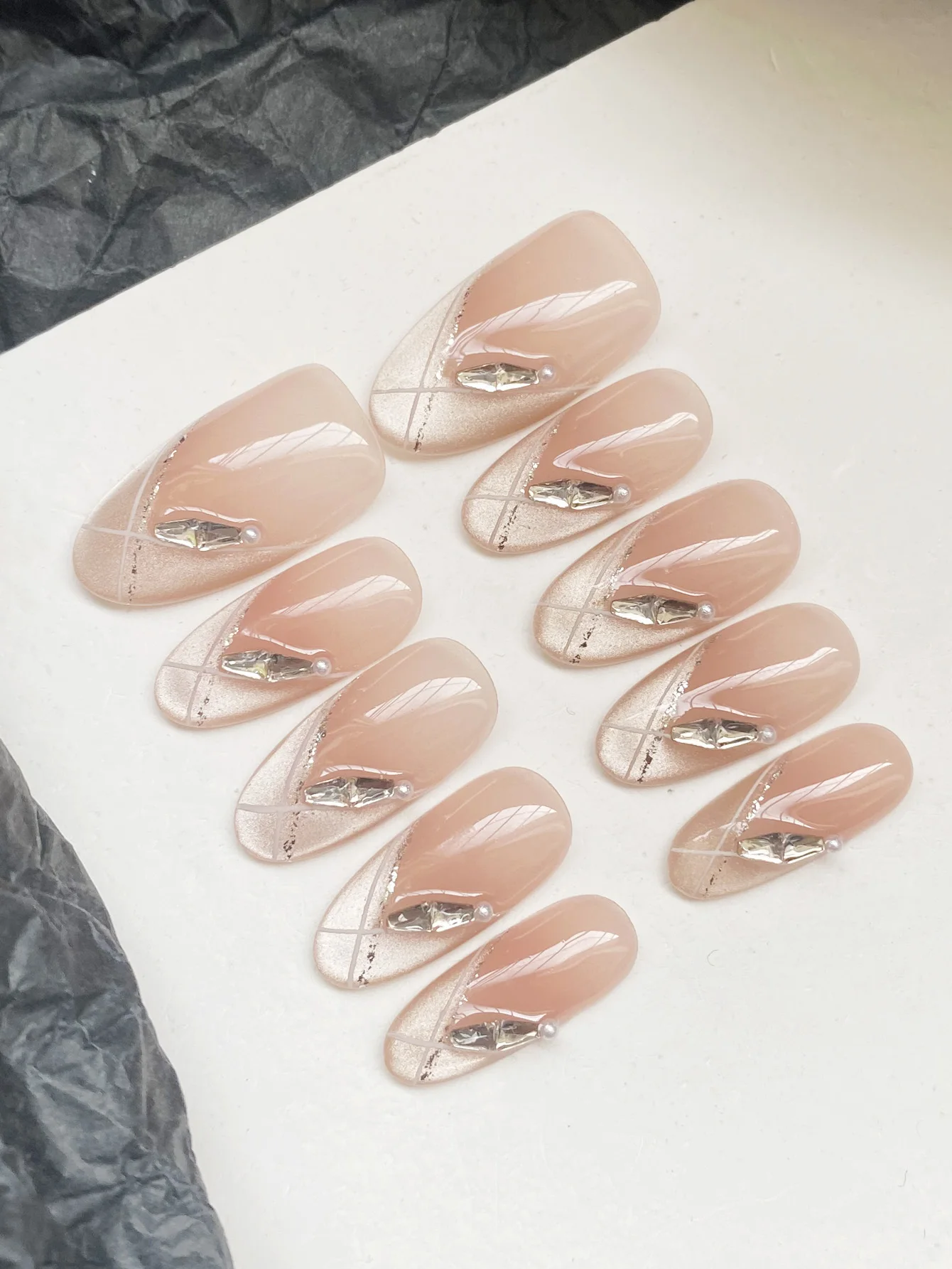 

10Pcs Press on Nails Short French Style Skin Color Line Shining Fake Nails Includes 1 Sheet Adhesive Tabs & 1 Pc Mini File