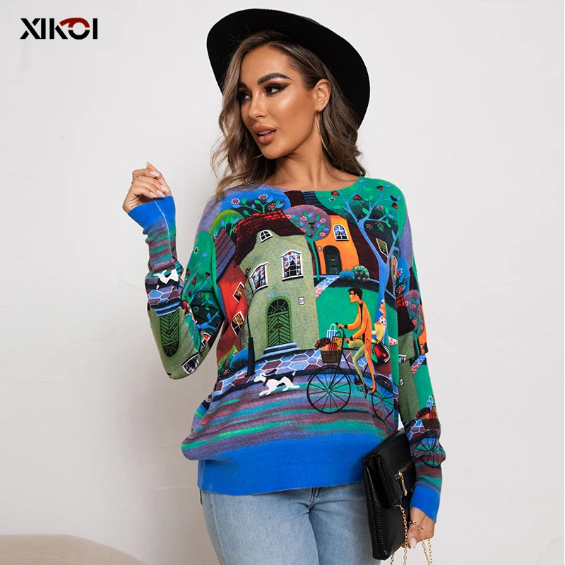 XIKOI 2022 Women Knitted Sweater Fashion Oversized Pullovers Casual Loose O Neck Ladies Winter Loose Long SleeveTops 6383