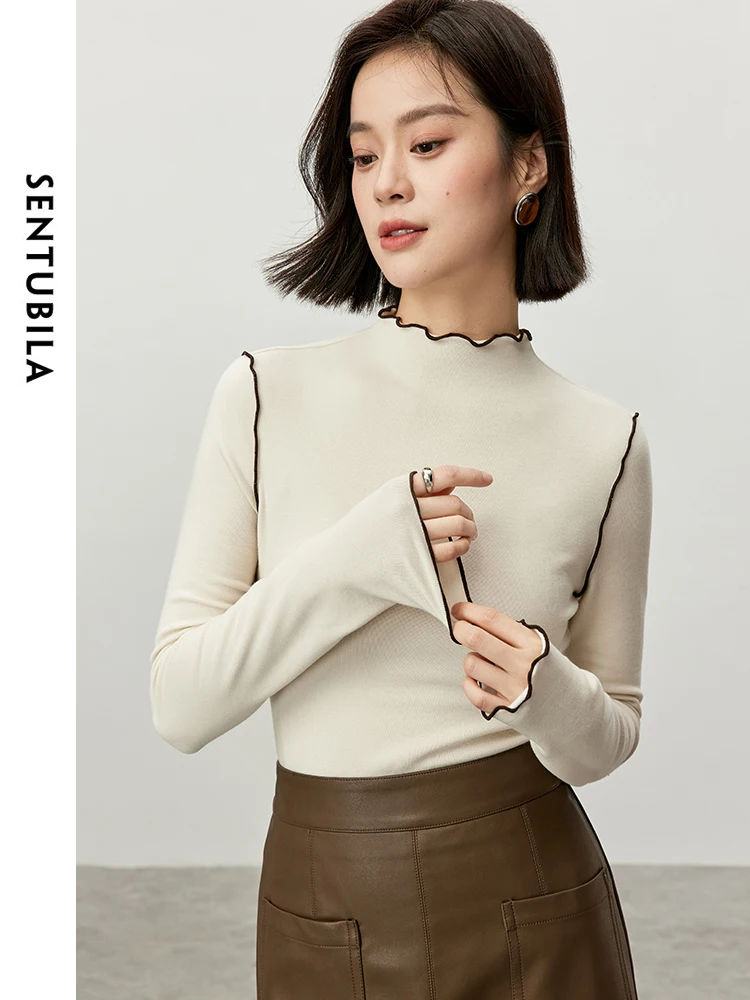 

SENTUBILA Apricot Long Sleeves T-Shirts for Women 2025 Autumn Patchwork Wave Stand Collar Slim-Fit Comfort Casual Tops143S56813