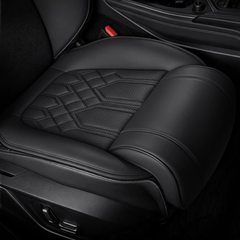 Black Nappa Leather Car Seat Cushion Breathable Perforated Design Thigh Support Easy Install Auto Seat Pad