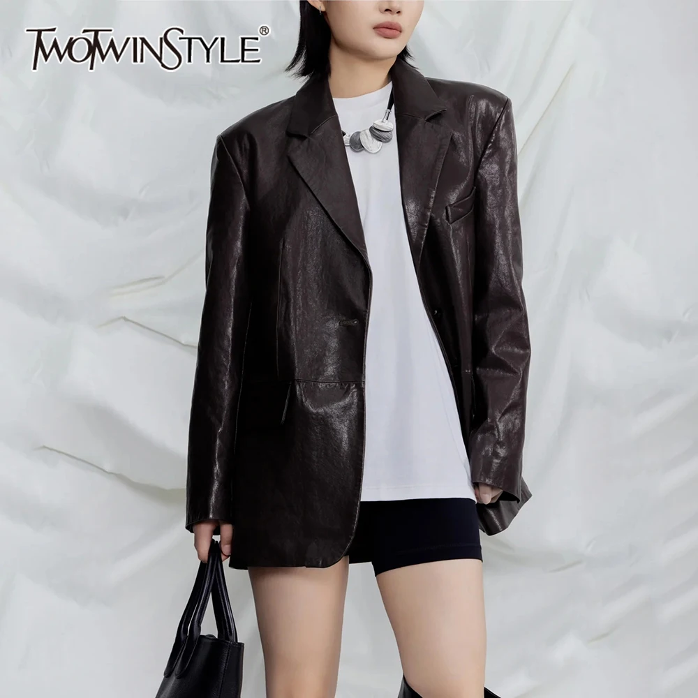 

TWOTWINSTYLE Solid Leather Loose Coats For Women Lapel Long Sleeve Spliced Double Breasted High Street Jackets Female Fashion