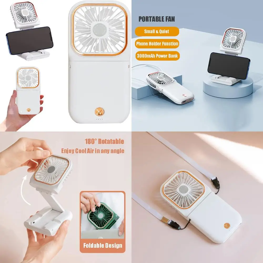 Portable Mini Neck Fan, Folding Rechargeable Personal Fan with Phone Holder, Small Fan for Desk/Bedroom Small & Quiet