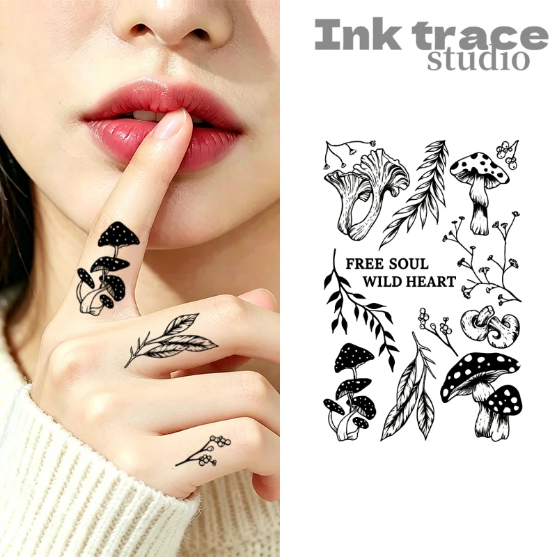Black Ink Mushroom Leaf Temporary Tattoo Stickers, Free Spirit Lettering Design, Finger Tattoos, Perfect for the Wrist