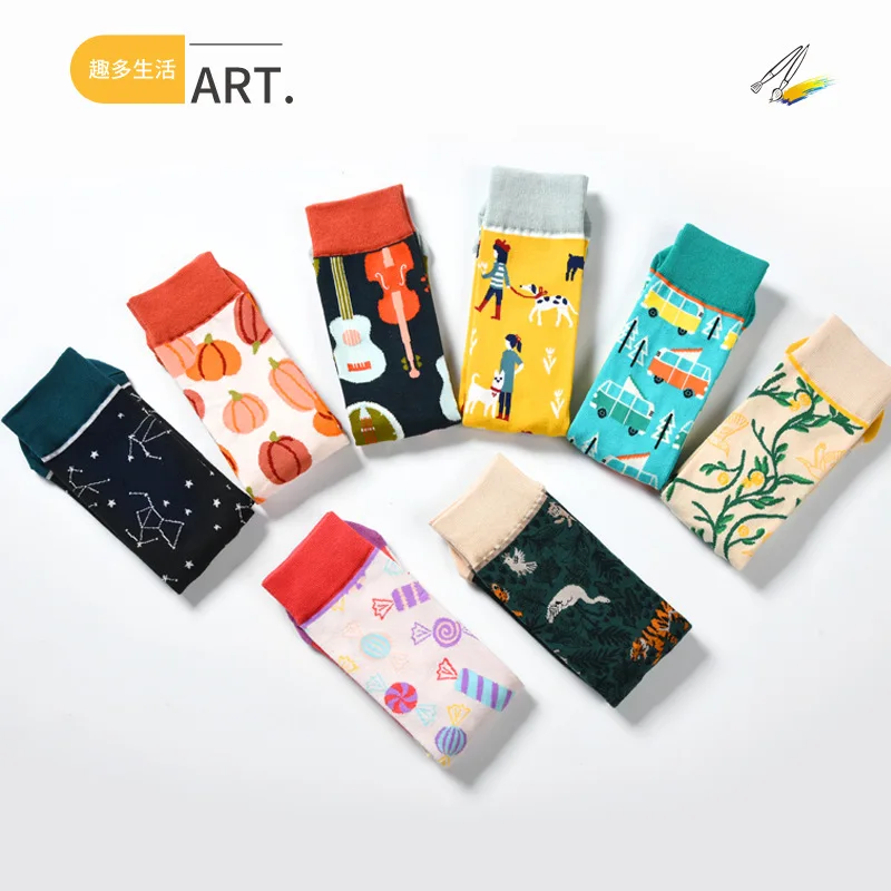 Women\'s Stockings Autumn and Winter Socks Plant Cactus Graffiti Cotton Socks Personality Fashion Straight Trendy Socks