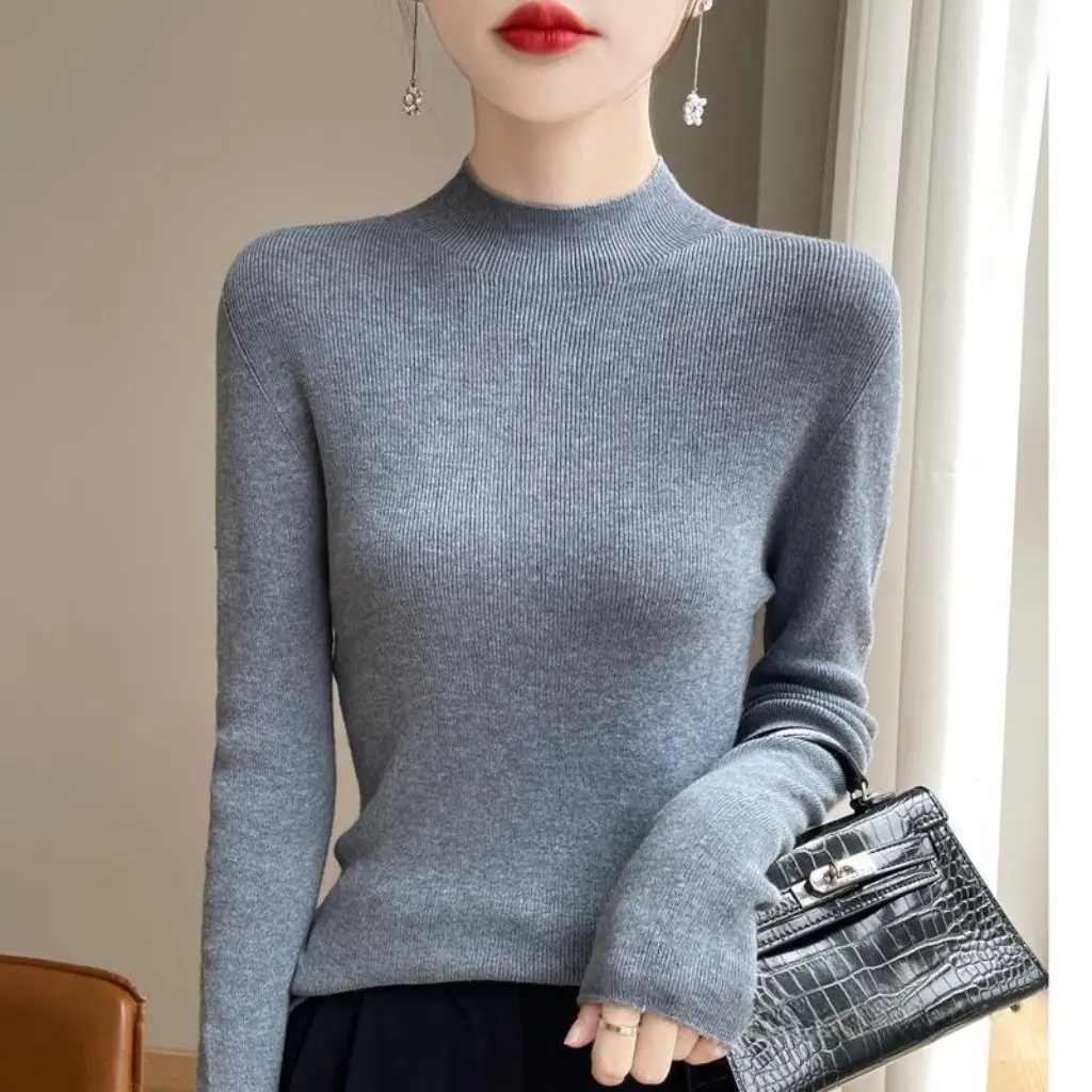 

Women's Seamless Worsted Wool Knitted Base Shirt Slim-fit Half-turtleneck Inner Sweater Autumn New Refined Style