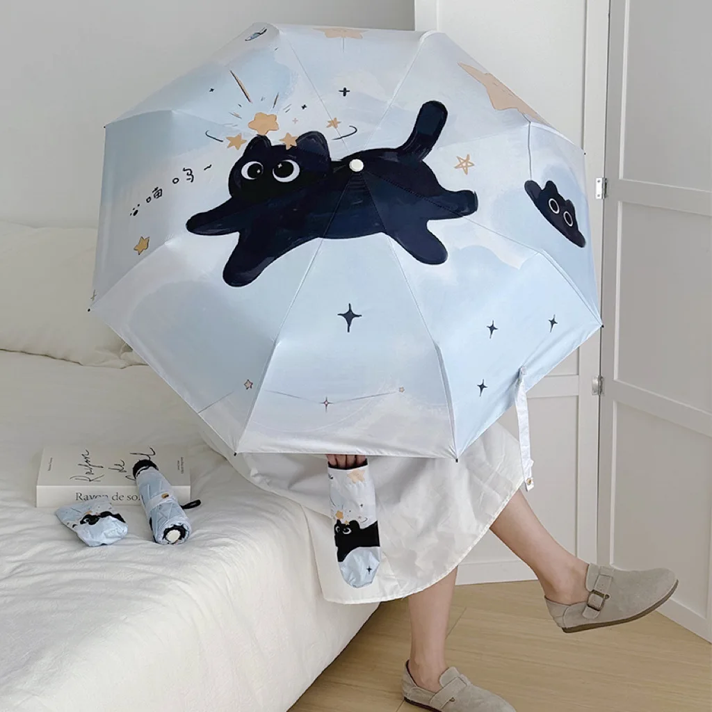 Schwarzer Blauer Katzen-Regenschirm Vollautomatisch Winddicht Cartoon-Design Niedlicher Sonnenschutz UV-Schutz Doppelfunktions-Regenschirm