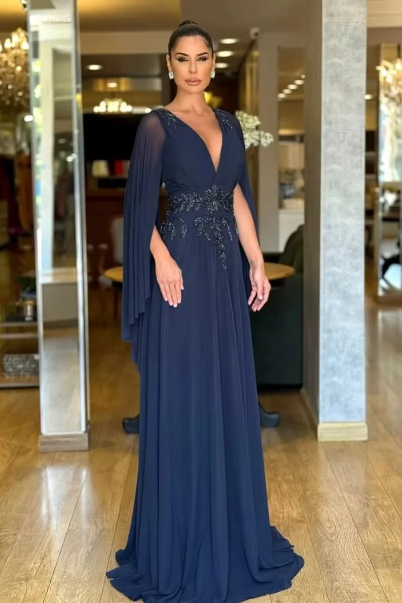 Marissa feito sob encomenda vestidos de noite mulher elegante luxo feminino elegante vestido de festa linha uma decalque tule com decote em v mangas compridas baile