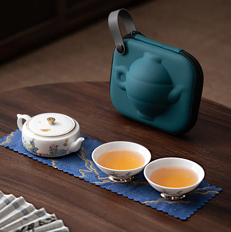 Portable Ceramic Tea cup, 1 Pot 2 Cups, Retro Travel Mugs, Storage Bag, Teaware Set, Heat Insulation Container,