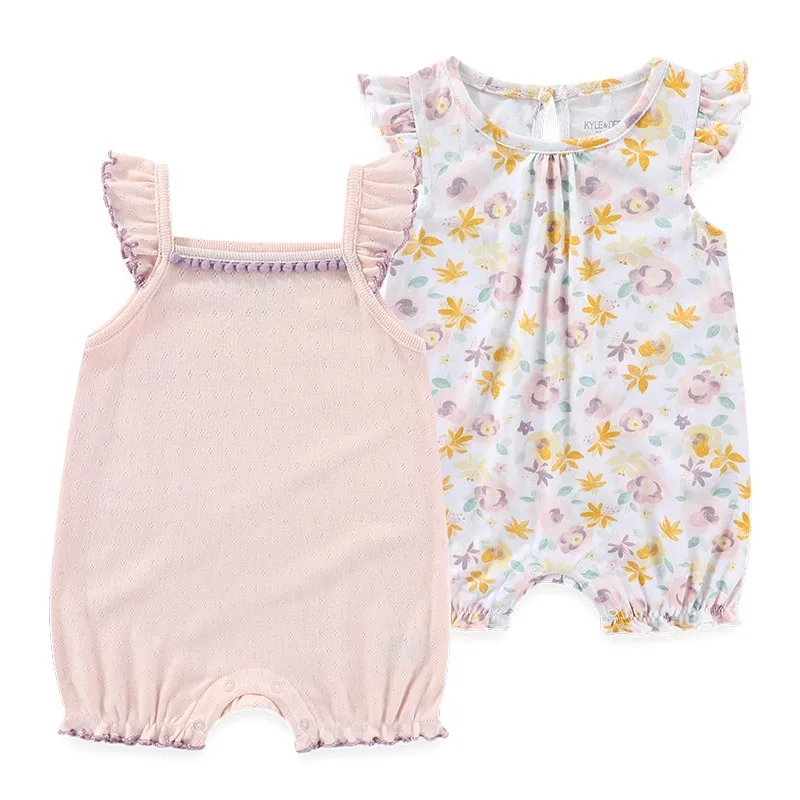 Macacão de manga curta para bebê recém-nascido menino e menina, roupas de estampa, unisex, 0 a 9 meses, 2 peças, primavera e verão