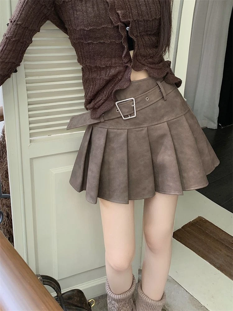 Korean Pleated Women All Match Skirt High Waist A-line Autumn Y2k Jupe Solid Fashion Belt Mini Skirts 2025 Faldas Mujer De Moda