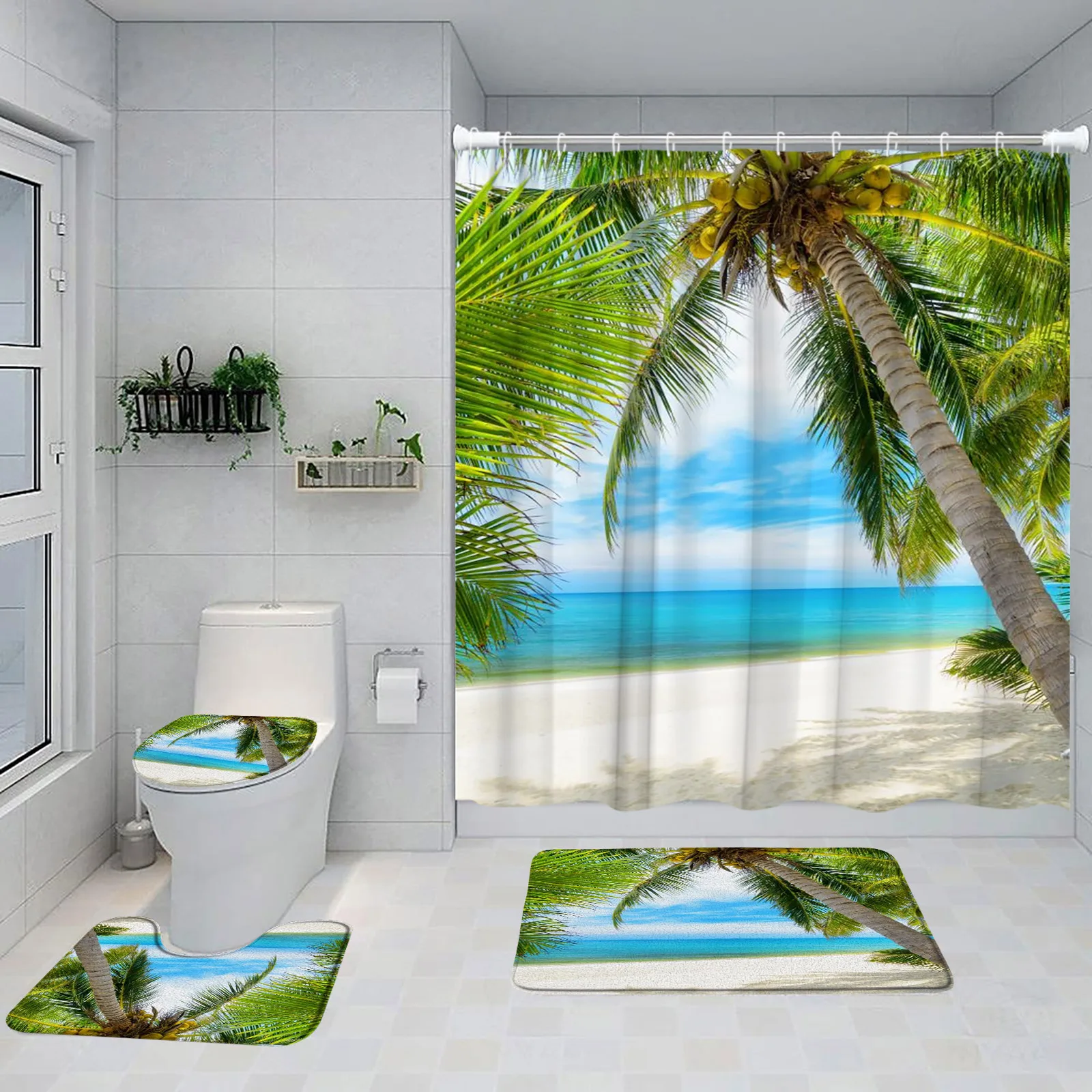 Island Beach Shower Curtain Set Tropical Coconut Tree Green Plants Ocean Nature Landscape Bathroom Decor Bath Mats Toilet Cover