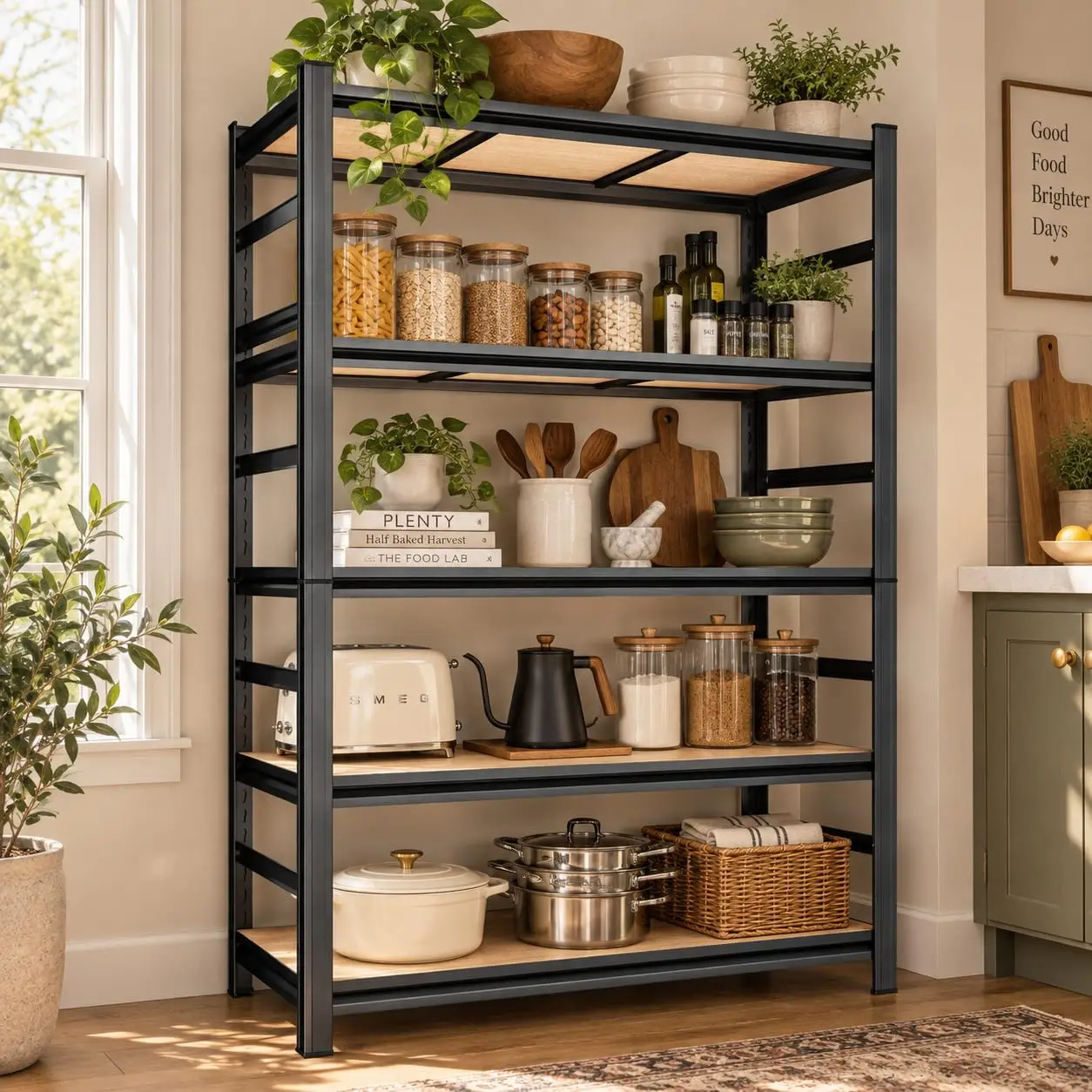 Kitchen Organization, 5 Tier Wooden Kitchen Shelf, 2500 LBS Adjustable Bakers Rack, Heavy Duty coffee bar, Split Into 2
