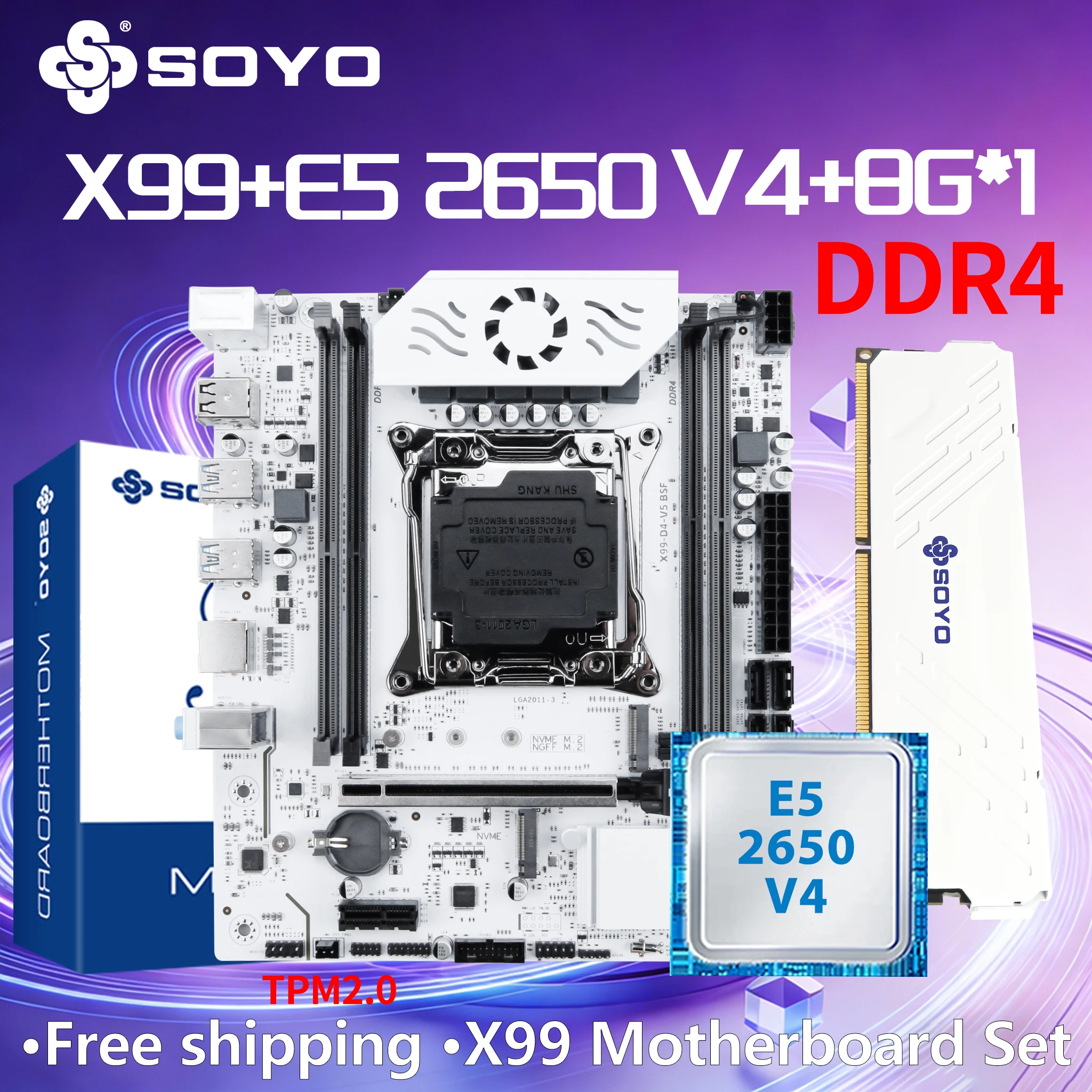 

Материнская плата X99 с процессором E5 2650 V4, комплект LGA, оперативная память 8G*1 и Xeon DDR4 для компьютера SOYO, двухканальная, TPM2.0, PCIE X16 3.0, SATA3.0