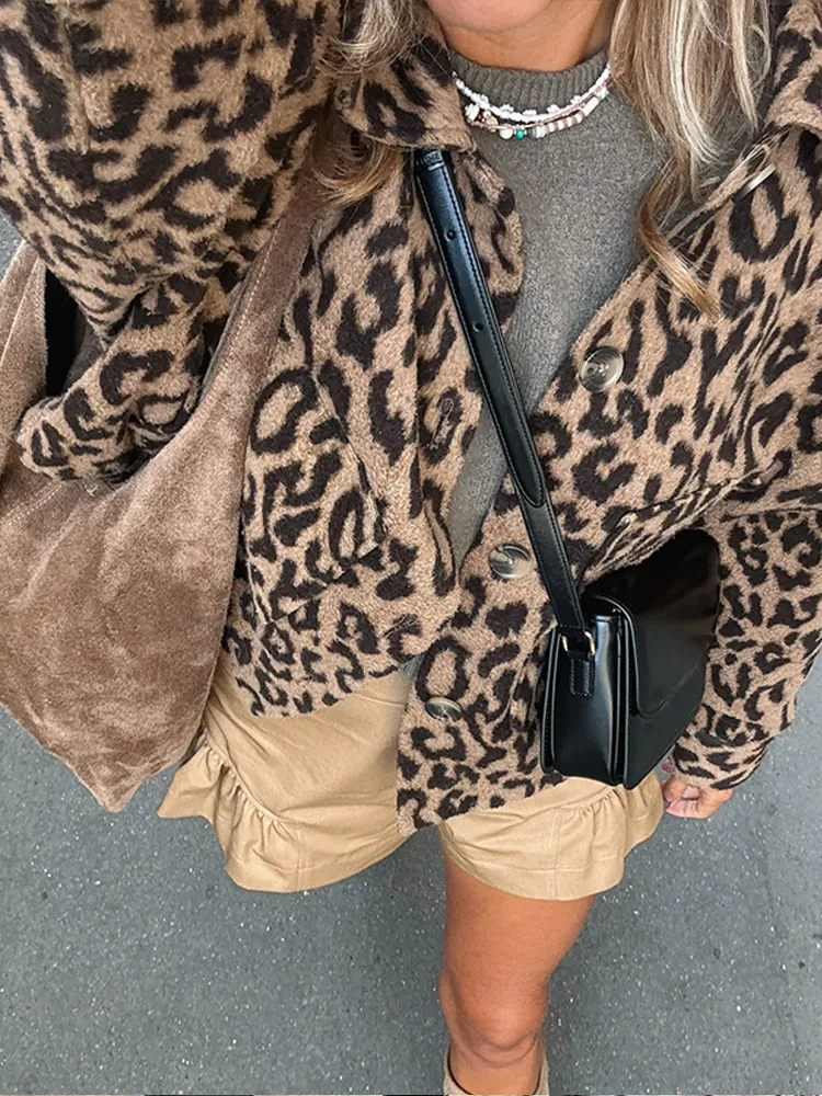 Leopard Print Casual Einreiher frauen Woolen Mantel Elegante Kragen Lange Ärmeln Kurze Jacke Neue High Street Frau Kleidung