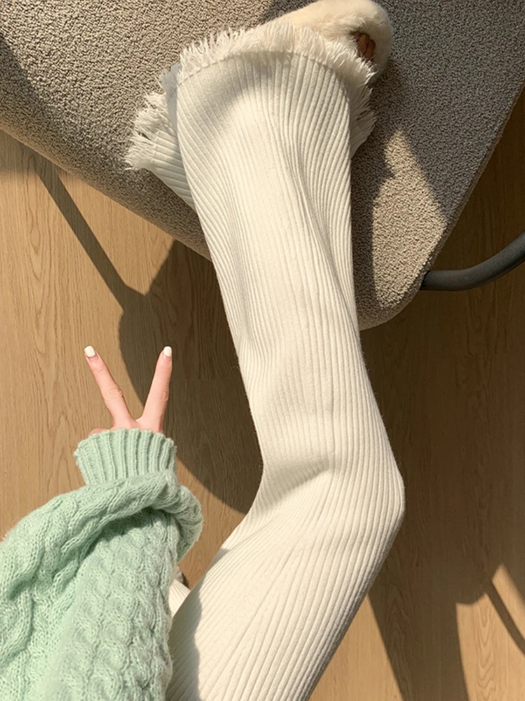 High Waist Soft Glutinous Knitted Pants for Women Autumn and Winter 2023 New Loose Drawstring Slimming Tassel Mop Bootleg Pants