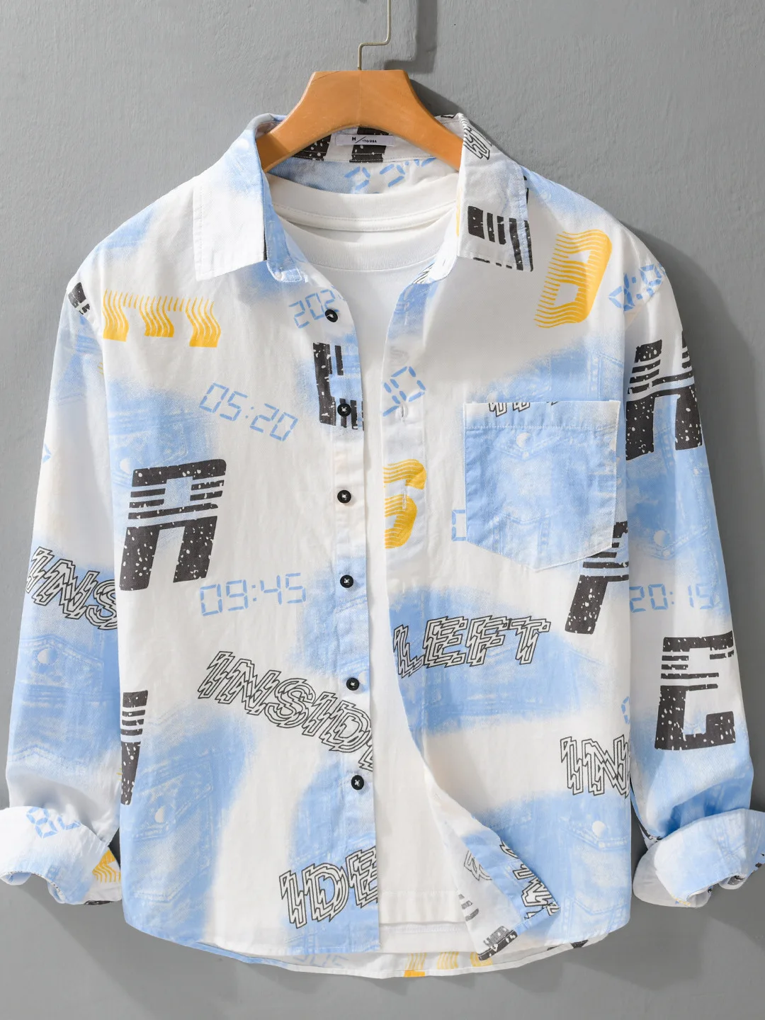 

Spring Autumn Hong Kong Style Long Sleeve Cotton Shirt Men's Youth Casual Loose Fit Printed Collar T-Shirt Daily Wear