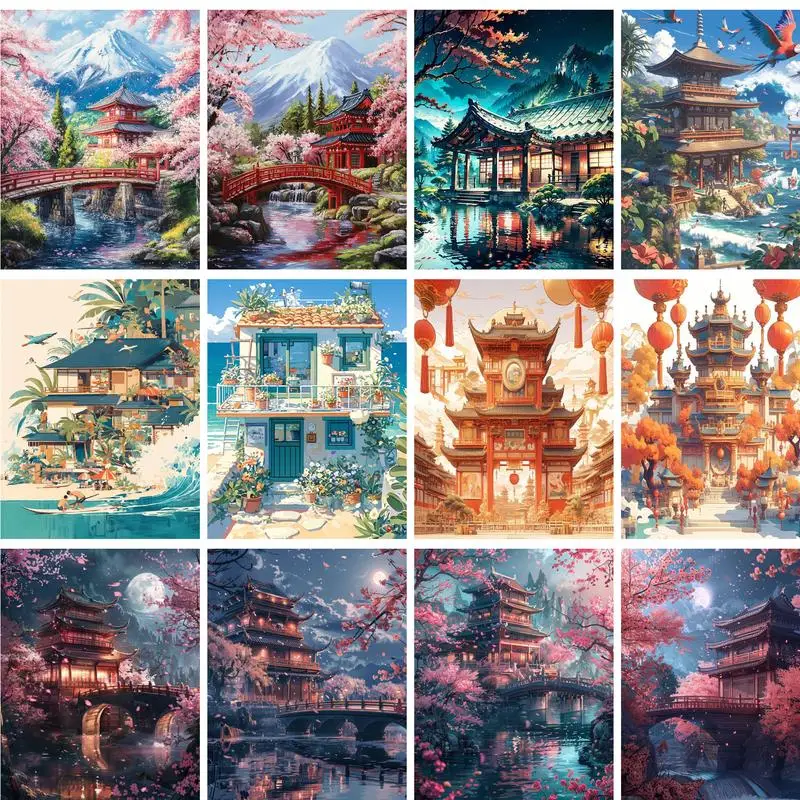 GATYZTORY Modern Painting By Numbers Peach Blossom Pavilion Scenery Artwork Home Decors Acrylic Paints Gift Handiwork For Adults