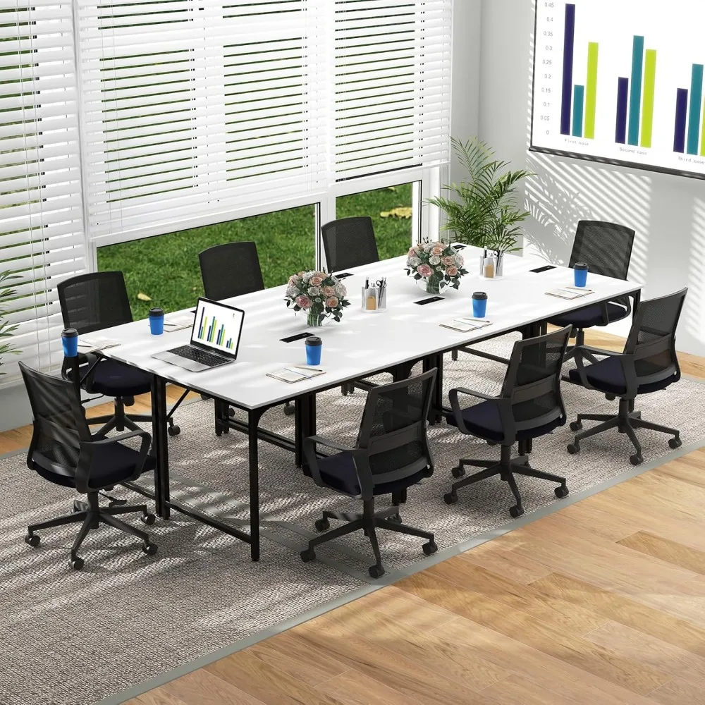 Conference Table Set of 6, Modern Boardroom Desk with Storage Bag, Headphone Hook, Sturdy Metal Frame, Rectangular Seminar Table