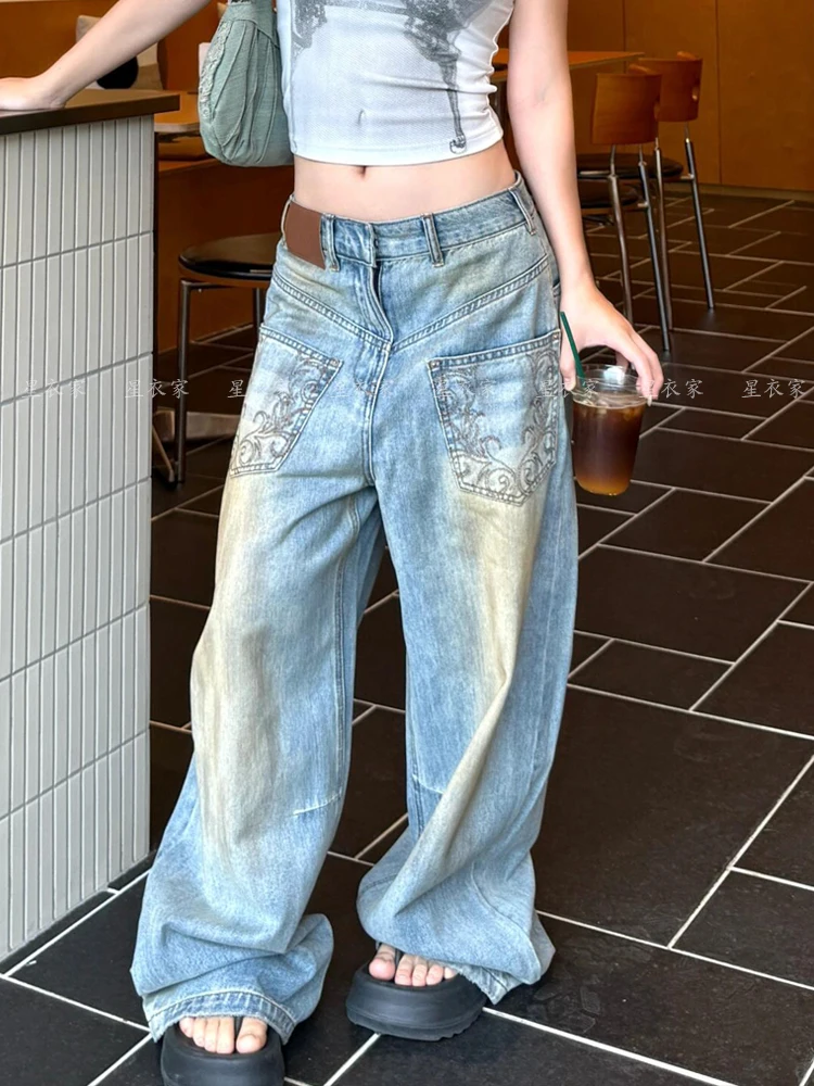 

American style spicy girl design personalized embroidery jeans retro distressed mud dyed reversed pockets floor length pants
