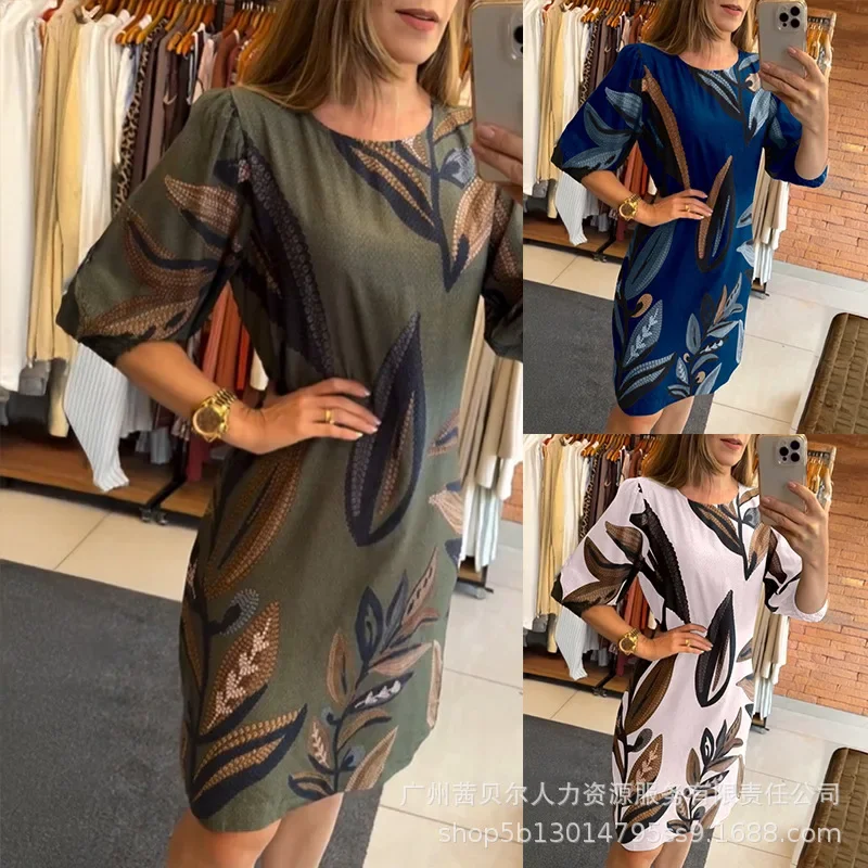 Print ronde hals halve mouw dames zomer hoge taille planten midi-jurk sexy jurk
