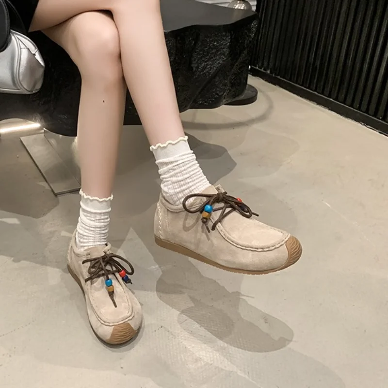Fashion Colored Beads Lace Up Casual Shoes Women 2025 Autumn Comfort Round Toe Sneakers Soft Non Slip Stitching Decoration Shoes