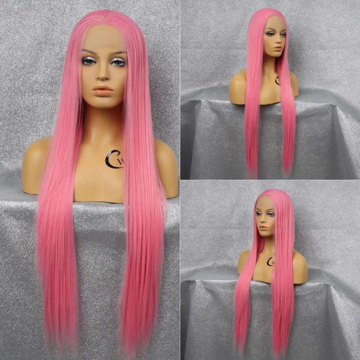 

Pink Color Synthetic Lace Front Wig Pink Long Straight Hair Wig And Aomfortable Not Fade Cosplay Wig