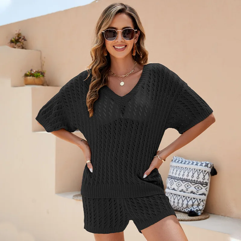 

2 Piece Set Women's Tracksuit Vacation Knitted V-neck Tops Short Pants Clothes Sets Female Matching Sets Lounge Wear Ropa Mujer