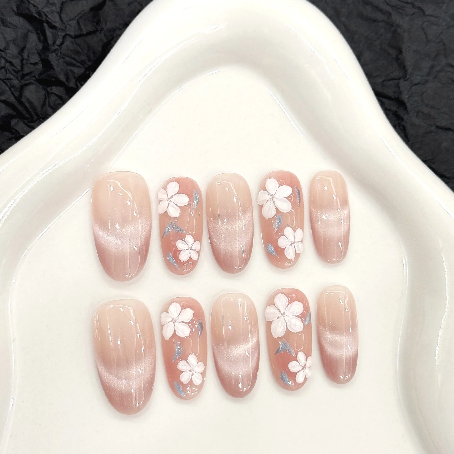 

(7 Months Activities) Cat Eye Hand-Painted Stereo Flower Oval Summer New Elegant Manicure