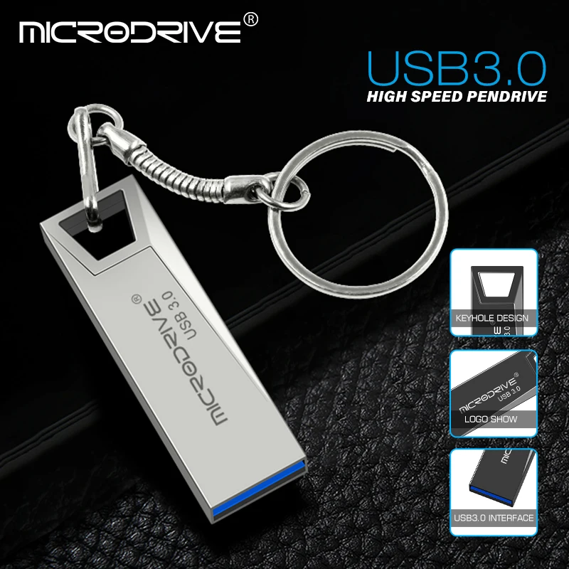 Metal USB 3.0 Flash Drive Pendrive, logotipo personalizado Stick, disco de memória flash anel chave, 16GB, 32GB, 64GB, 128GB