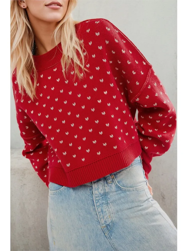 

Fashion Round-neck Casual Knitwear Autumn And Winter Personality Short Loose Small Love Pullover Long-sleeved Sweater Top Women