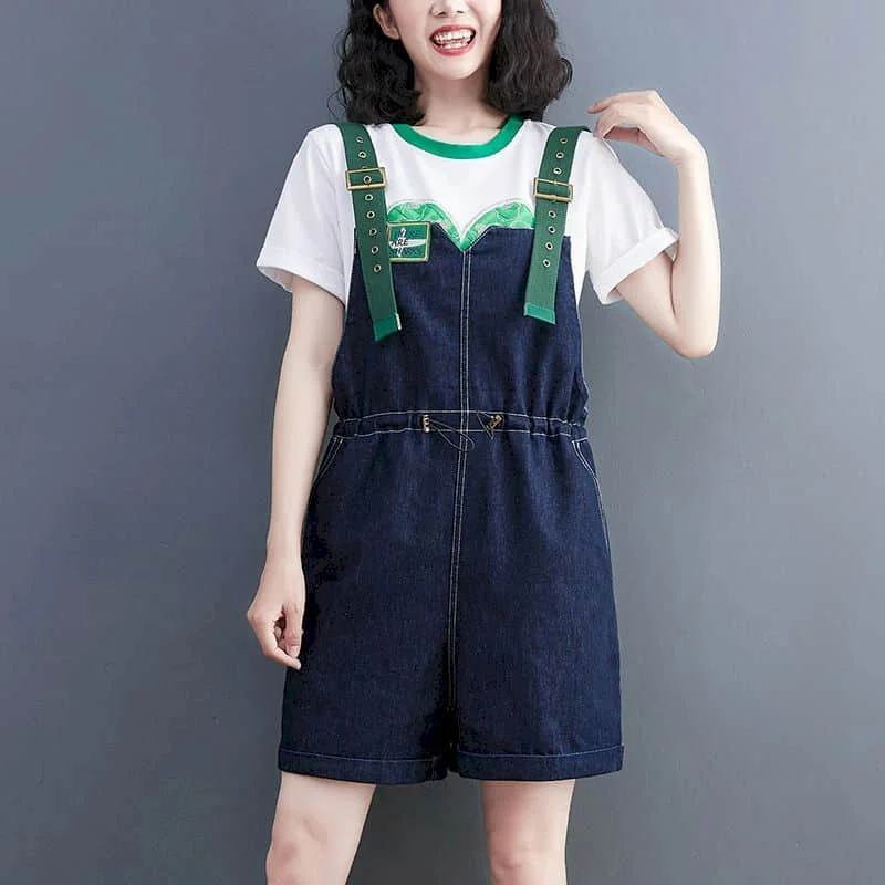 

Denim Jumpsuits for Women Vintage Korean Style One Piece Outfit Casual Cropped Rompers Solid Short Jeans Summer Women Clothing