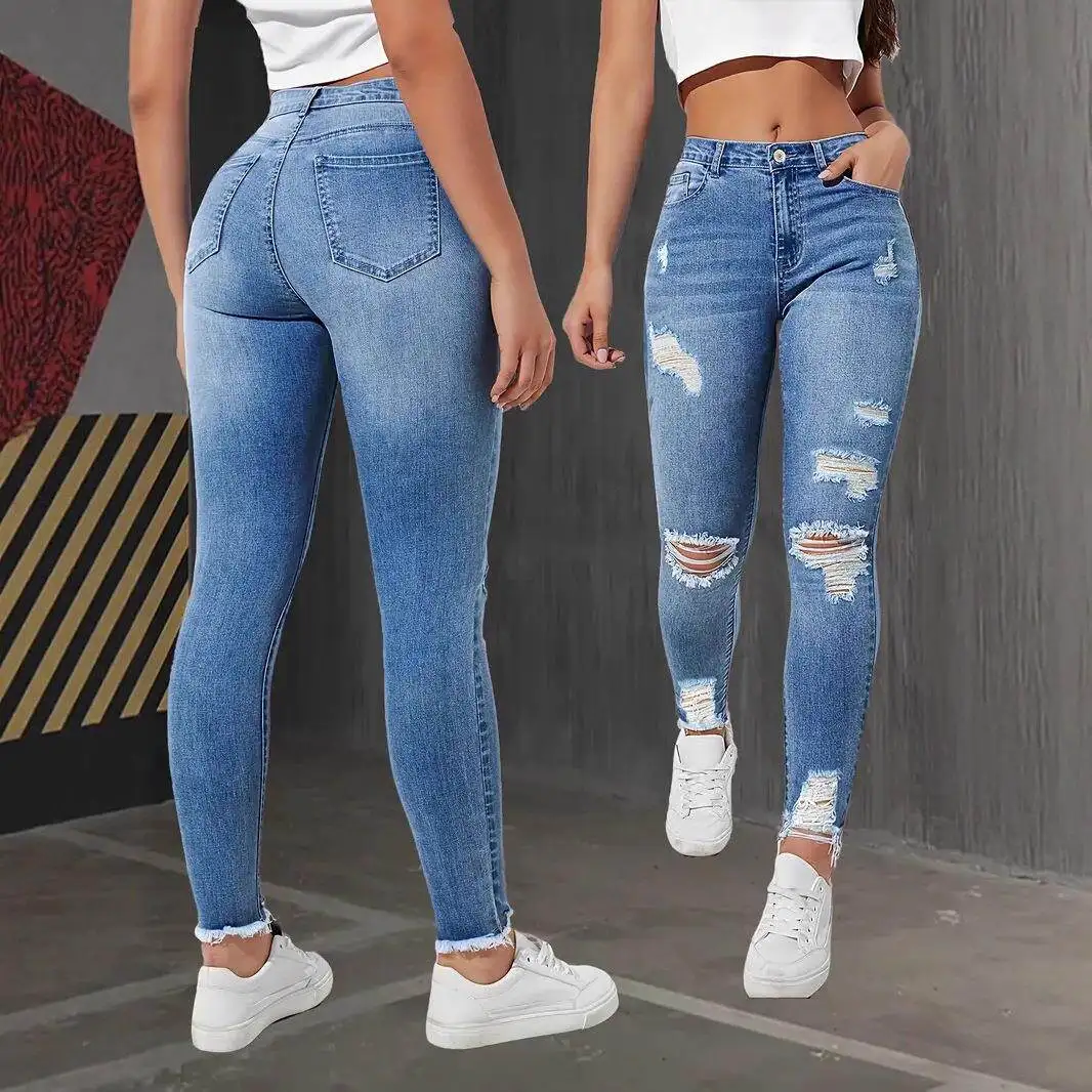 Fashionable Elastic Slim Fit Ladies Jeans Hole Design Long Pants Women's Stretchy Slimming Capri Length Autumn Season Style