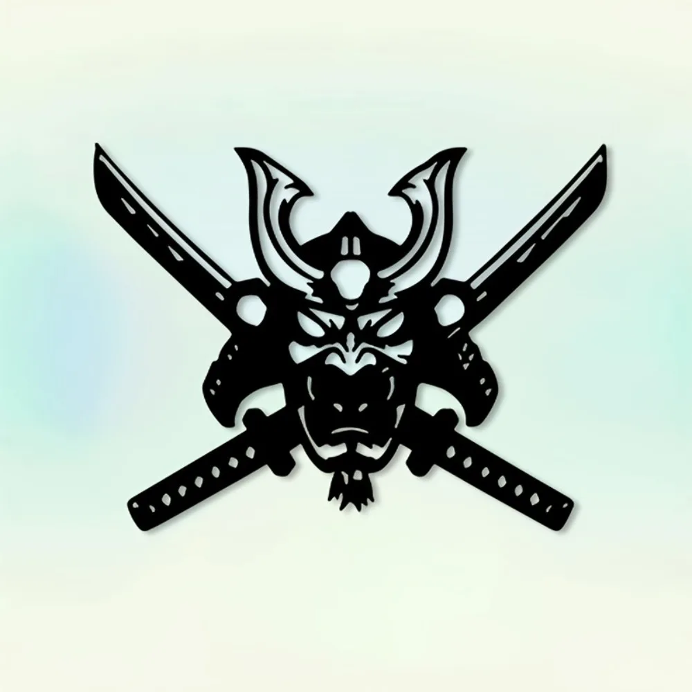 CIFBUY Metal Wall Art Samurai Mask Iron Hanging Decor 2D Sculpture Sword For Home Office Indoor Outdoor Fence Rustic Easy Hang