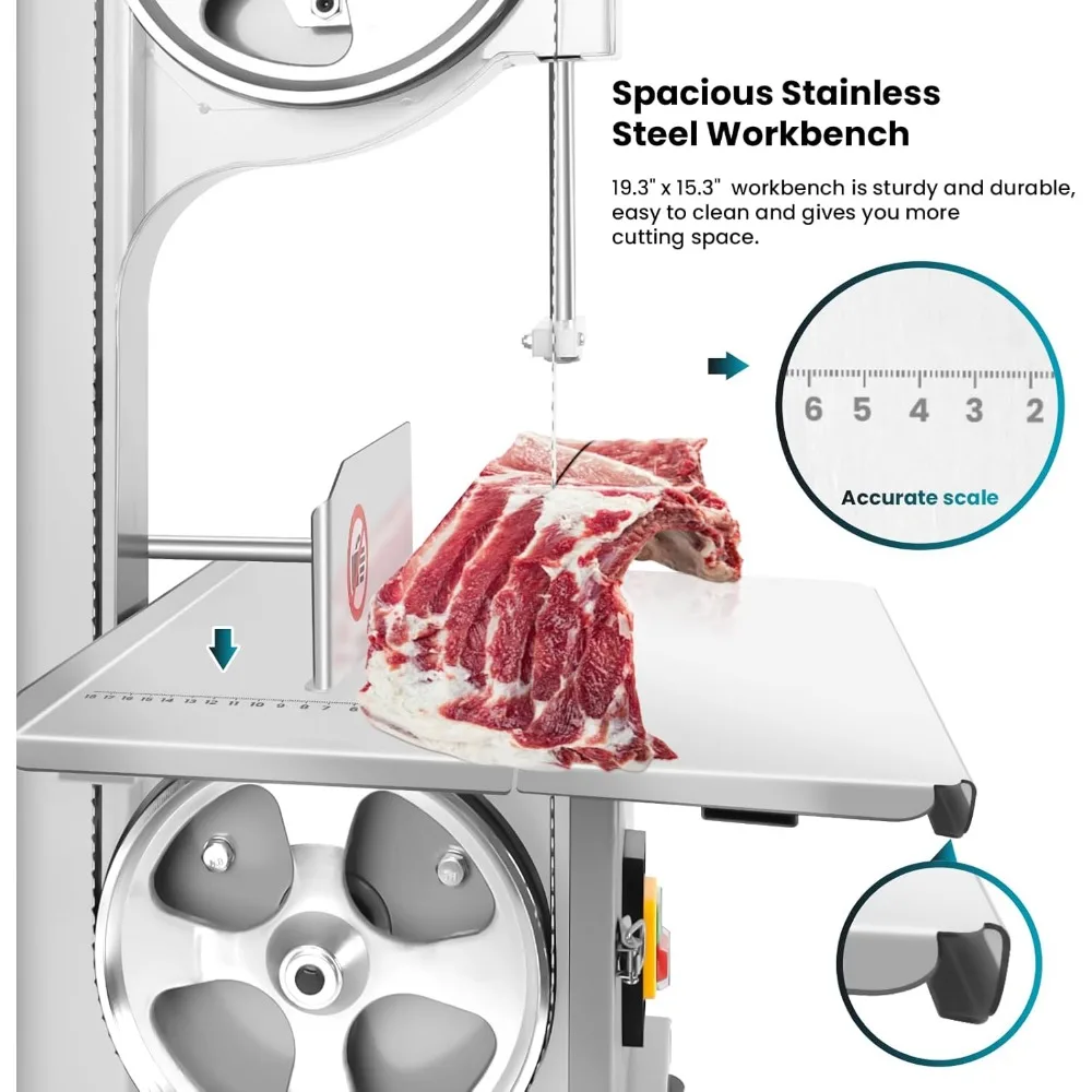 Serra de fita comercial de carne vertical de aço inoxidável com eficiência energética de 2.000 W com 8 lâminas extras para corte de osso