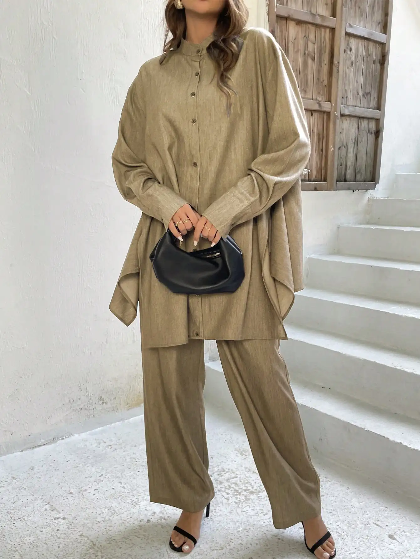 

Casual Oversized Two Piece Set Women Khaki Pants Set Asymmetrical Shirts Female Streetwear