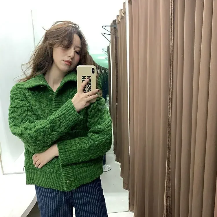 Korobov Thickened Turtleneck Cardigan Green Twist Lazy Christmas Sweater Pocket Y2k Womens Clothing Vintage Fashion Jumper