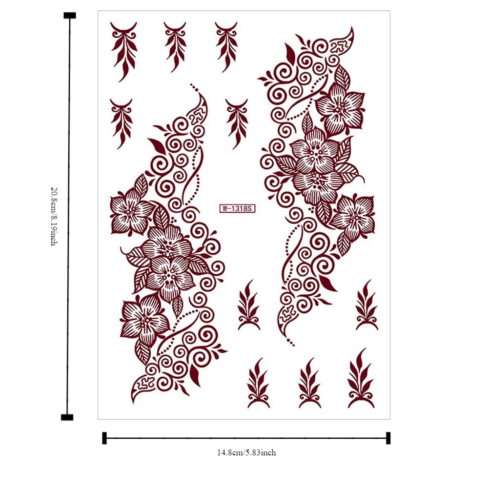 Red Lace Henna Tattoo Sexy Maroon Tattoo Stickers Waterproof India Mehndi Design Temporary Tattoos Finger Hand Tattoo for Women