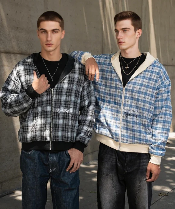 Spring and Autumn New American Trendy Brand Double Sided Stand Up Hoodie, Cardigan, Casual Workwear, Plaid Jacket