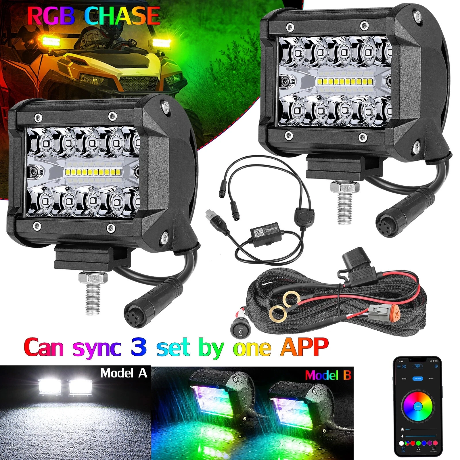 

3-дюймовые 4-дюймовые 120 Вт RGB светодиодные рабочие фонари Offroad Cube Pods с разноцветным приложением RGB Halo, бесплатный комплект жгутов для ATV Truck Pickup