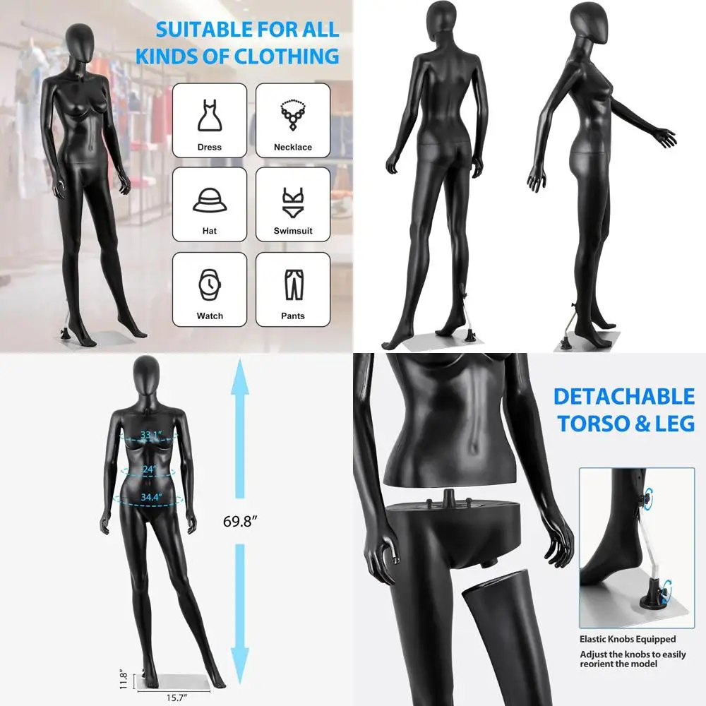 

70 Inch Full Body Male Mannequin with Adjustable Posture, Rotatable, Flexible Limbs for Realistic Display, Black