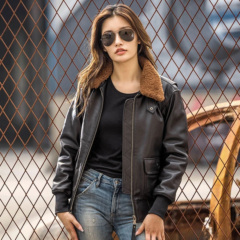 Black Winter Leather Jacket Women Military Style Plus Size 3XL Genuine Natural Thick Sheepskin Wool Collar Warm G1 Flgiht Coat