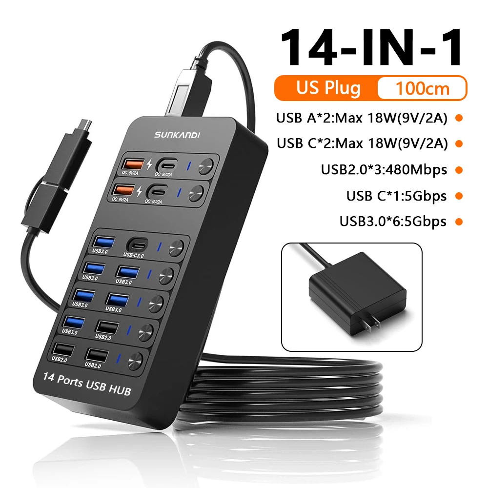 SUNKANDI Hub USB alimenté 14 en 1, hub de données USB LED marche/arrêt individuel USB 3.0, USB 2.0, chargement USB-A/C pour ordinateur portable