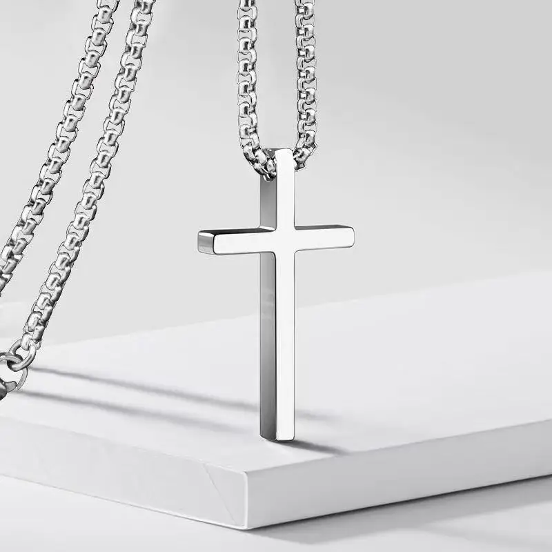 New Smooth Cross Necklace Men\'s Titanium Steel Versatile Long Cross Pendant Sweater Chain Accessories